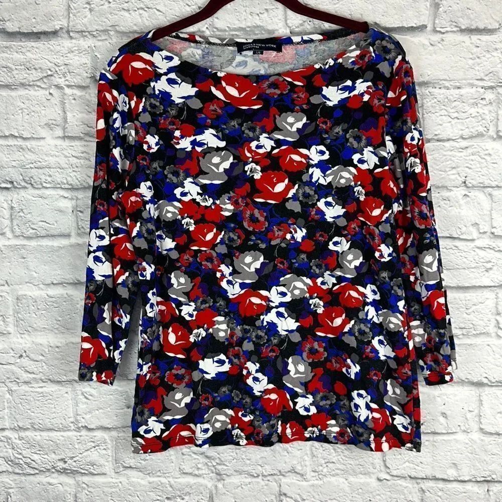 Jones New York Signature Womens Red Black Floral Top Size Large